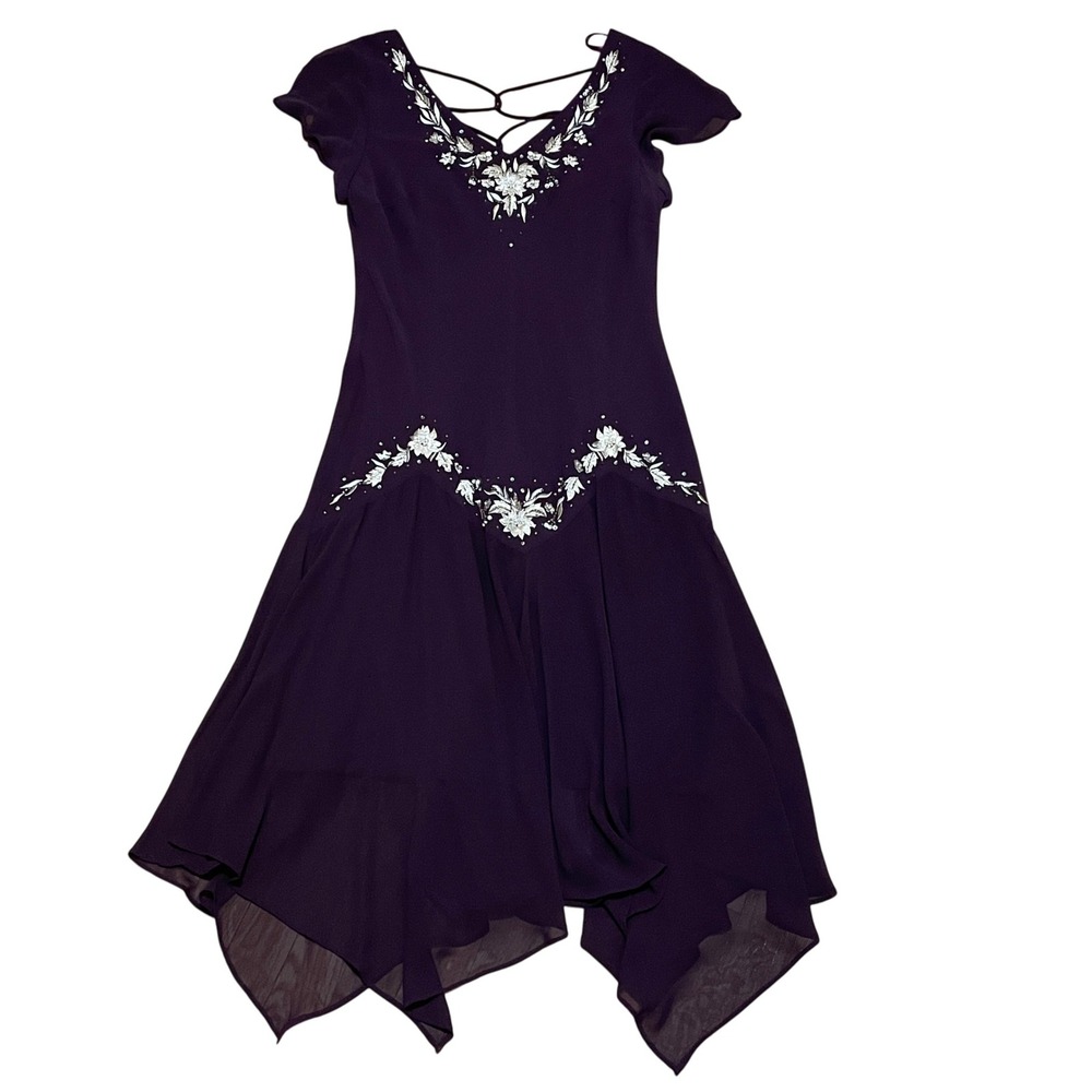 VTG SL Fashions Purple Beaded Embroidered 90 Y2k Fairy handkerchief hem Dress 14